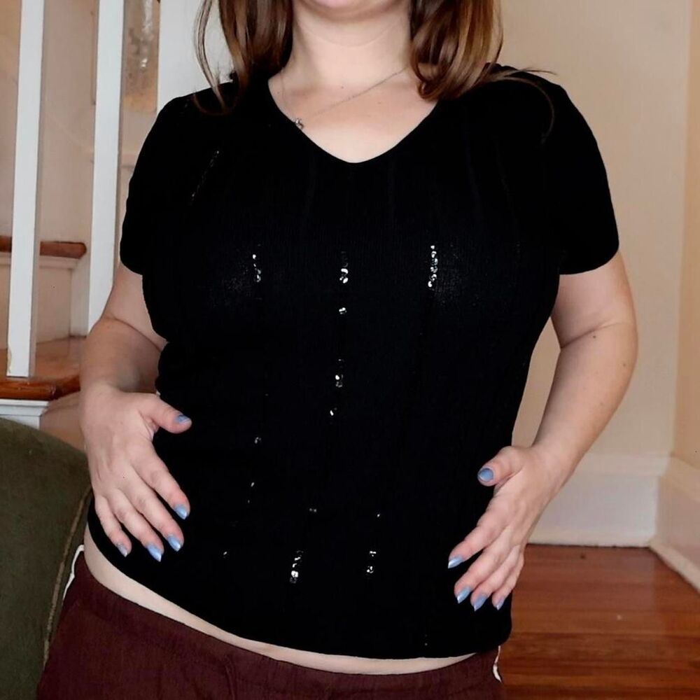 Jones New York Black V-Neck Short Sleeve Top with Sequin Stripes - Medium